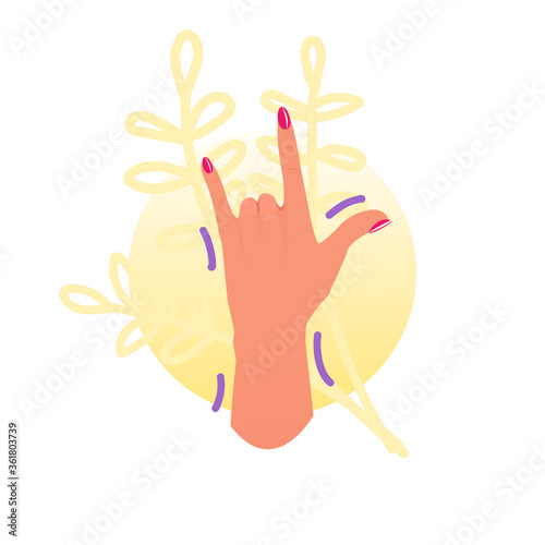 Cute Female hand up with rock symbol. Flat design concept. Digital stock illustration