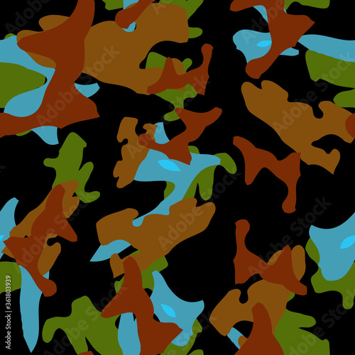 Urban camouflage of various shades of brown, blue, green and black colors