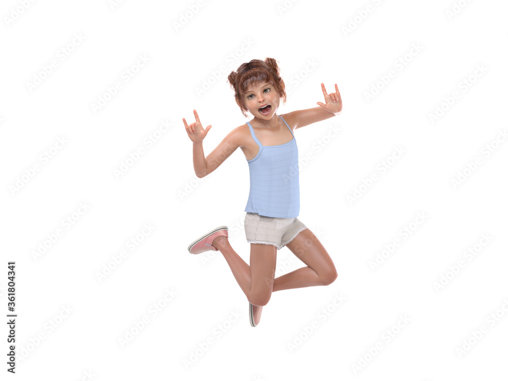3D Render : The portrait of a  young girl is jumping in the air with happy feeling