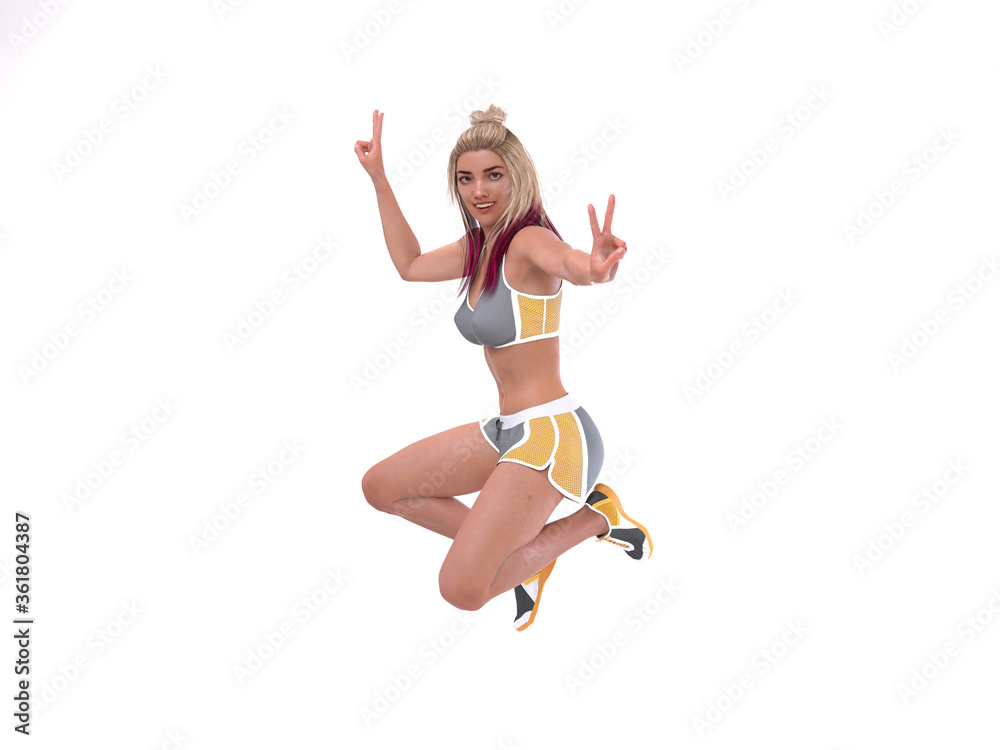 3D Render : The portrait of a young girl is jumping in the air with happy feeling 3D Render : The portrait of a young girl is jumping in the air with happy feeling