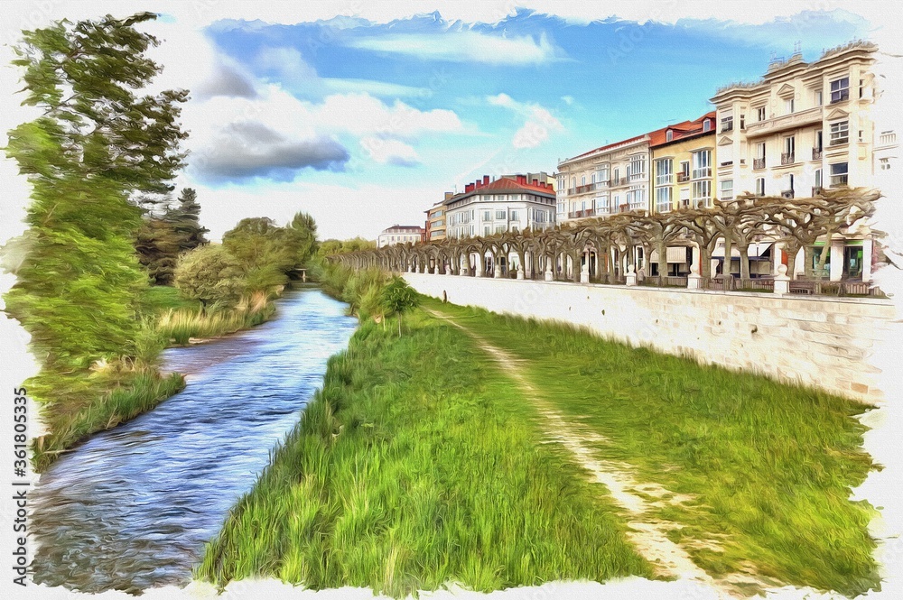 Spain. Burgos and the river Arlanzon. Cityscape. Imitation of oil painting. Illustration