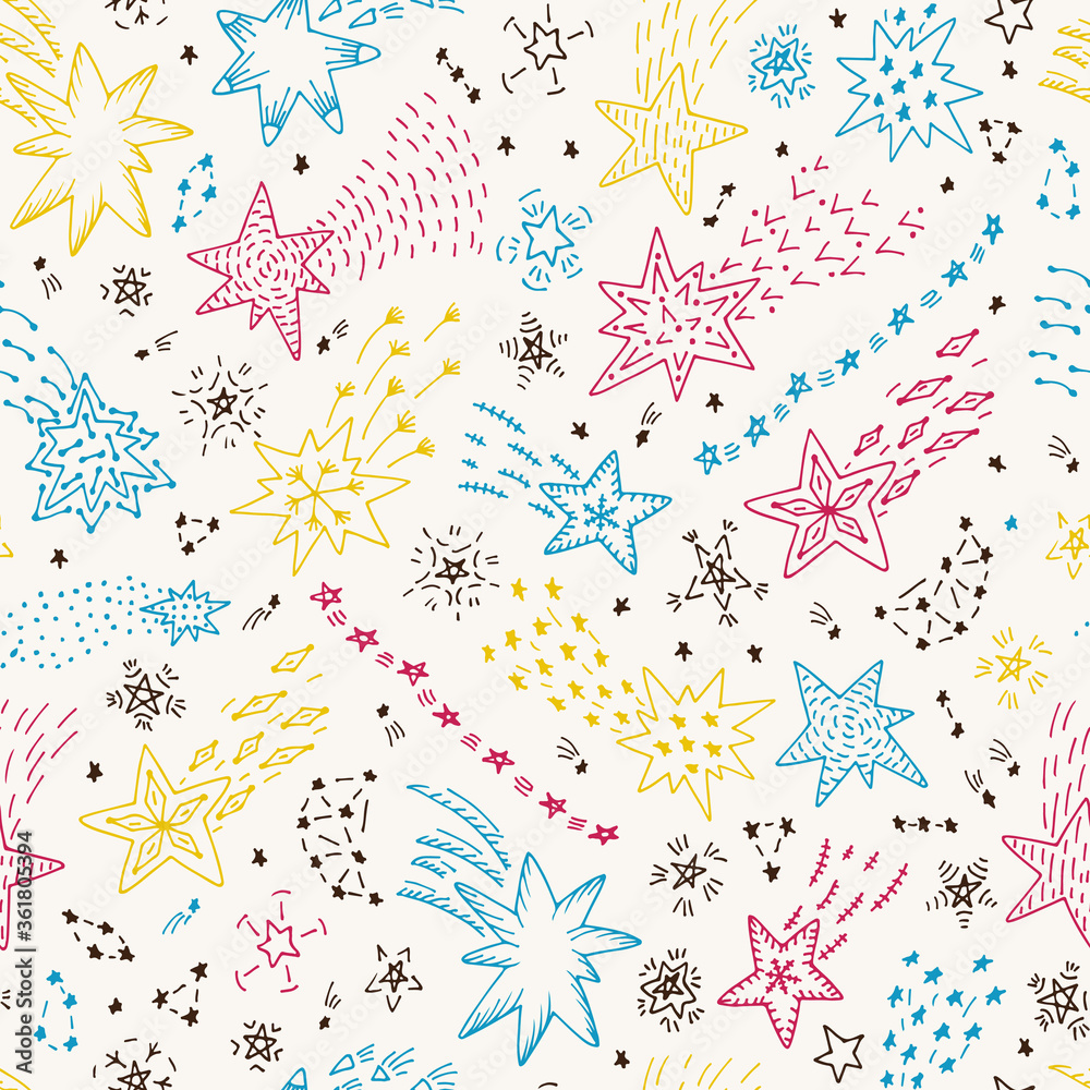 Fototapeta premium Vector Comets and Stars doodle seamless pattern. Vintage wallpaper with stars. 