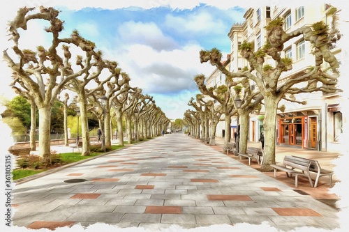 City Burgos. Embankment. Cityscape. Imitation of oil painting. Illustration photo