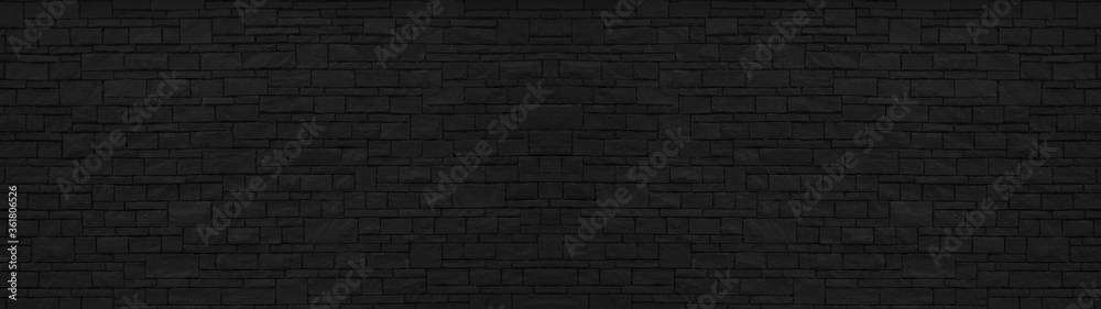Dark black painted brick natural stone masonry wall texture background wallpaper panorama banner

