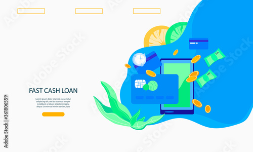 Fast cash loan and quick money website  page template with phone screen and coins, flat vector illustration. Landing page for fast credit and  mortgage.