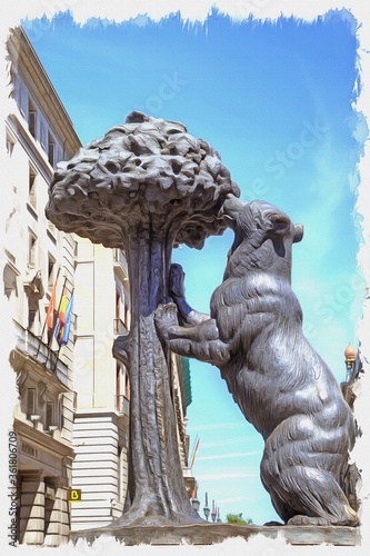Madrid. Sculpture and coat of arms of the Bear and the Strawberry Tree (Arbutus). Imitation of oil painting. Illustration