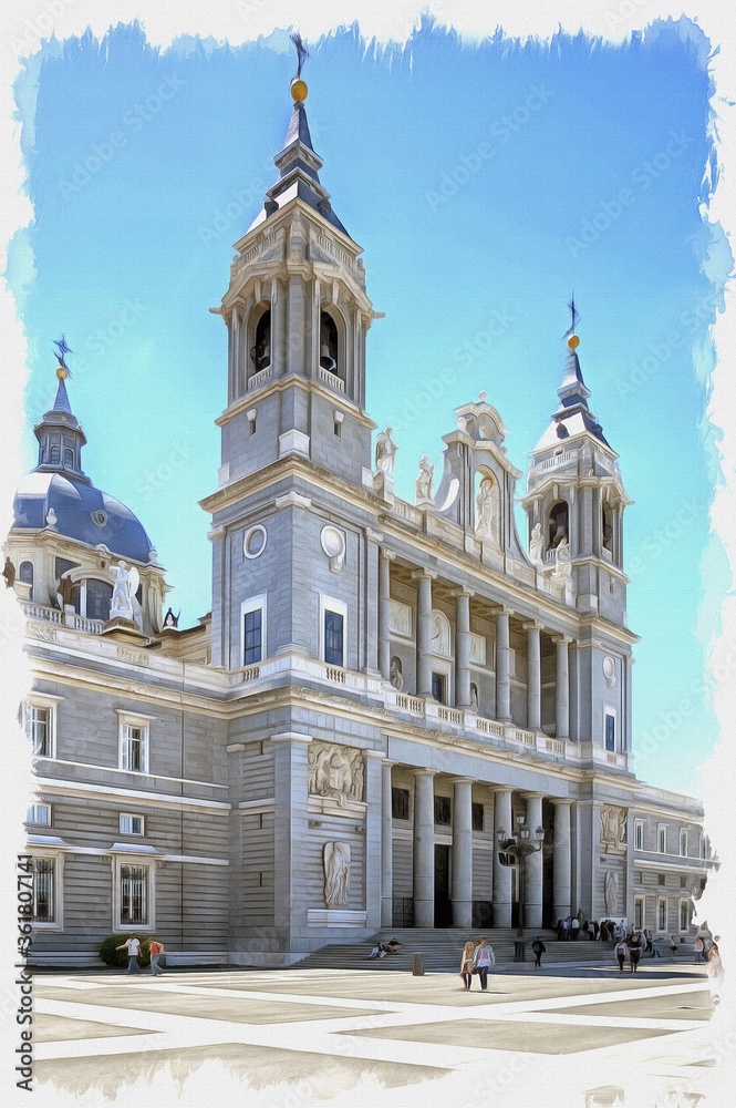 Catholic Cathedral of the Virgin of Almudena. Imitation of oil painting. Illustration