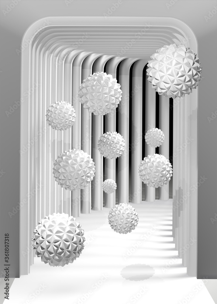 Naklejka premium Vertical 3d photo wallpaper Flying Balls in the tunnel 3d rendering