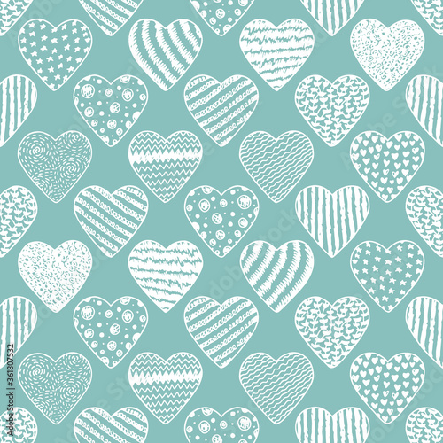 Hearts Seamless pattern. Hand drawn doodles Vector illustration. Happy Valentine's day. Blue Valentine background. 