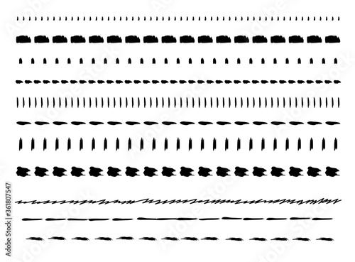 Vector set of hand drawn line borders, ink pen drawing lines, pen grunge brushes, freehand line stripe, scribble strokes. Underline brush isolated on white. Pencil textured doodle line for frames.