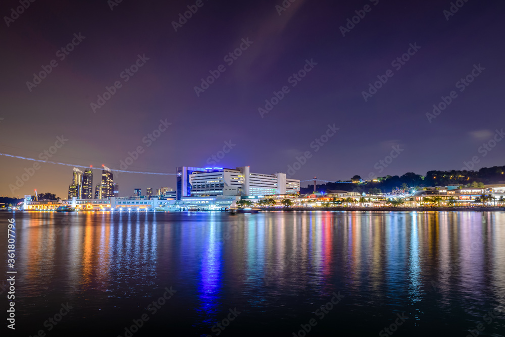 Singapore 2016 Sentosa Boardwalk overlook to HarbourFront Centre by night