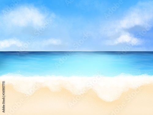 tropical beach with blue sky and clouds watercolor painting