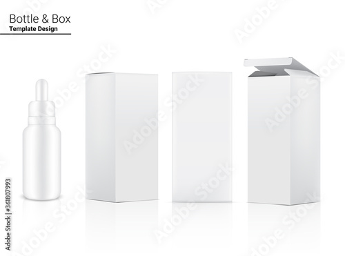 Dropper Bottle Mock up Realistic Cosmetic and 3 Box Side for Skincare Essential Merchandise or medicine on White Background Illustration. Health Care, Medical and Science Concept Design.