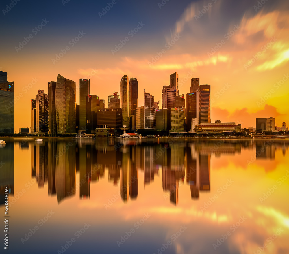 Singapore 2016 CBD buildings cluster during Sunset look from deck in front of ArtScience Museum