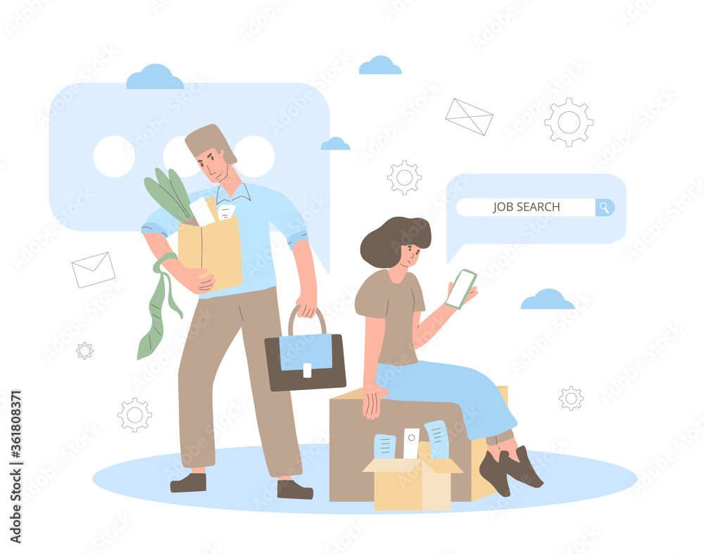 Unemployment concept. Dismissed sad character holding paper box. Work crisis. Fired unhappy man standing with his things. Job search. Vector flat illustration. 