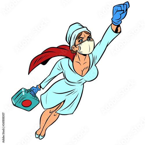 super hero nurse flying with a vaccine against the virus