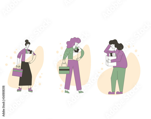 Unemployed characters set. Dismissed sad persons holding paper box collection. Work crisis. Fired unhappy men and women with his things isolated on white background. Job search. Vector illustration. 
