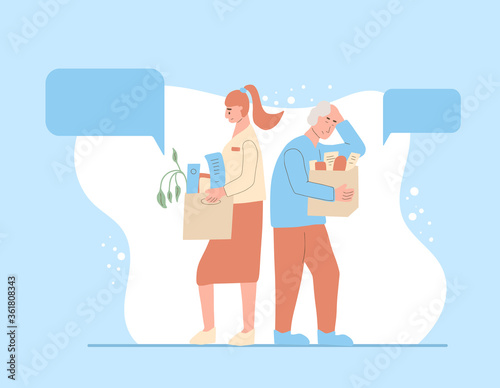 Unemployment concept. Dismissed sad characters holding paper box. Work crisis. Fired unhappy two friends standing with his things. Coworkers standing together. Vector illustration. 