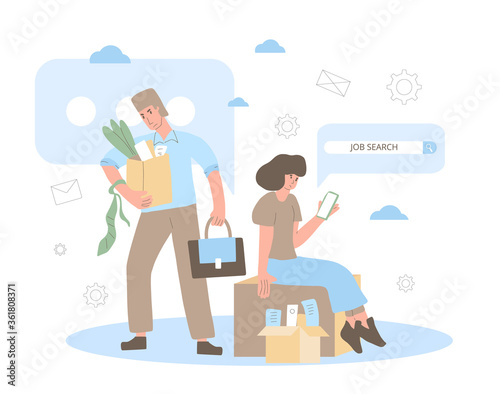 Unemployment concept. Dismissed sad character holding paper box. Work crisis. Fired unhappy man standing with his things. Job search. Vector flat illustration. 