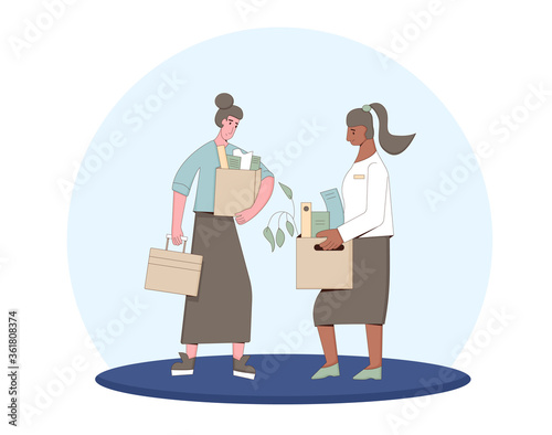 Unemployment concept. Dismissed sad characters holding paper box. Work crisis. Fired unhappy two friends standing with his things. Coworkers standing together. Vector line art illustration. 