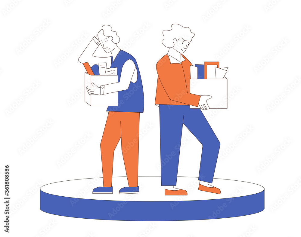Unemployment concept. Dismissed sad characters holding paper box. Work crisis. Fired unhappy two friends standing with their things. Coworkers standing together. Vector line art illustration. 