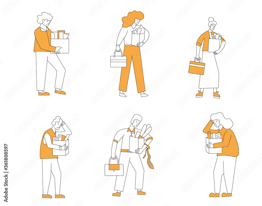 Unemployed characters set. Dismissed sad persons holding paper box collection. Work crisis. Fired unhappy men and women with his things isolated on white background. Job search. Vector illustration. Unemployed characters set. Dismissed sad persons holding paper box collection. Work crisis. Fired unhappy men and women with his things isolated on white background. Job search. Vector illustration.
