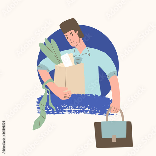 Unemployed character. Dismissed sad person holding paper box. Work crisis. Fired unhappy man portrait with his things isolated on white background. Job search. Vector flat illustration. 