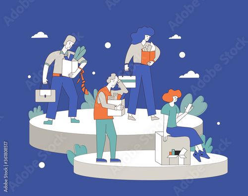 Unemployment concept. Dismissed sad character holding paper box. Work crisis. Fired unhappy man standing with his things. Job search. Vector flat illustration. 