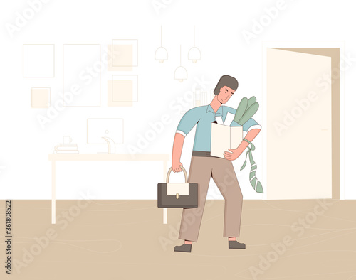Unemployed man. Dismissed sad clerk holding paper box leaving his office. Work crisis. Fired man. Vector illustration. 