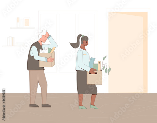 Unemployed people. Dismissed sad coworkers holding paper box leaving their office. Work crisis. Fired man and woman with their things. Vector illustration. 