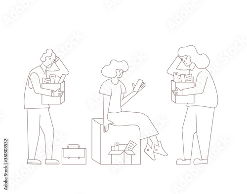 Unemployment concept. Dismissed sad characters set holding paper box. Work crisis. Fired unhappy people standing with their things. Job loss. Vector flat illustration. 