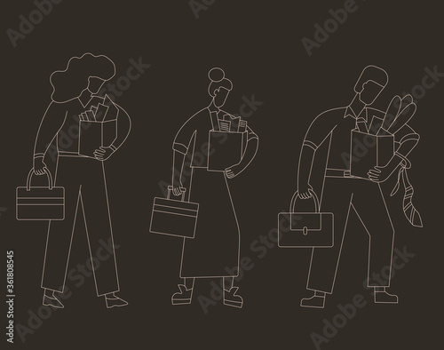 Unemployment concept. Dismissed sad characters set holding paper box. Work crisis. Fired unhappy people standing with their things. Job loss. Vector flat illustration. 