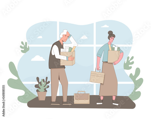 Unemployment concept. Dismissed sad characters holding paper box. Work crisis. Fired unhappy two friends standing with his things. Coworkers standing together. Vector line art illustration. 