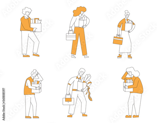 Unemployed characters set. Dismissed sad persons holding paper box collection. Work crisis. Fired unhappy men and women with his things isolated on white background. Job search. Vector illustration. 