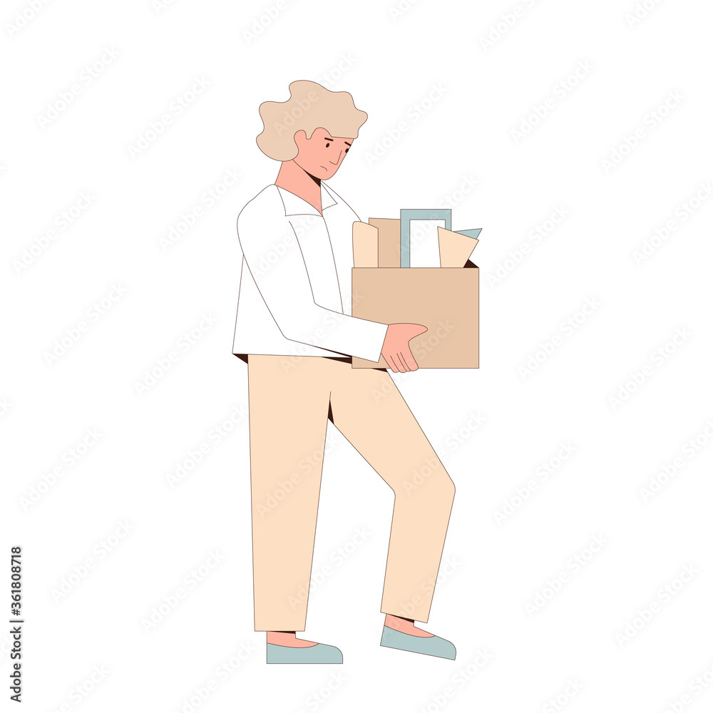 Unemployed character. Dismissed sad person holding paper box. Work crisis. Fired unhappy man standing with his things isolated on white background. Job search. Vector flat illustration. Unemployed character. Dismissed sad person holding paper box. Work crisis. Fired unhappy man standing with his things isolated on white background. Job search. Vector flat illustration.