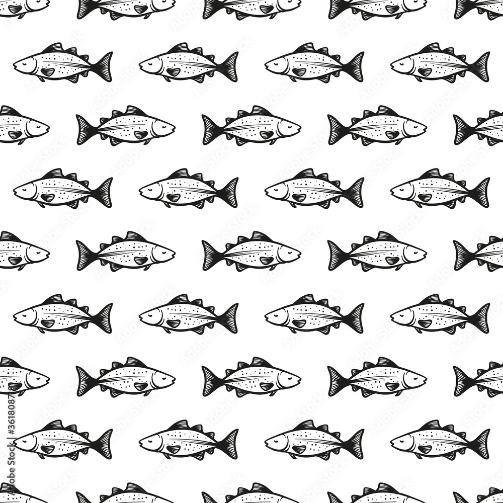 Cod Fish Vector Seamless pattern. Hand Drawn Doodle Sketch Codfish. Seafood Background
Cod Fish Vector Seamless pattern. Hand Drawn Doodle Sketch Codfish. Seafood Background