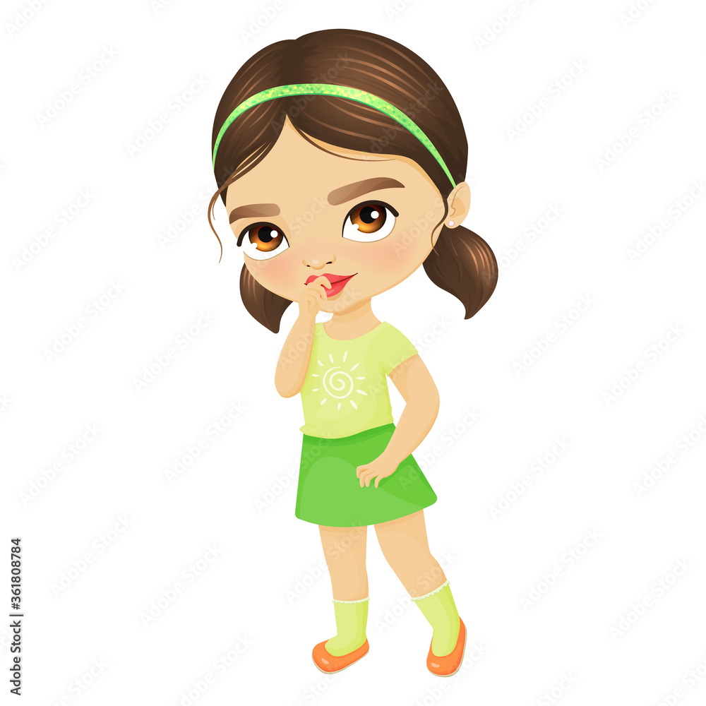 Cute little girl shyly covers her mouth with her finger Cute little girl shyly covers her mouth with her finger