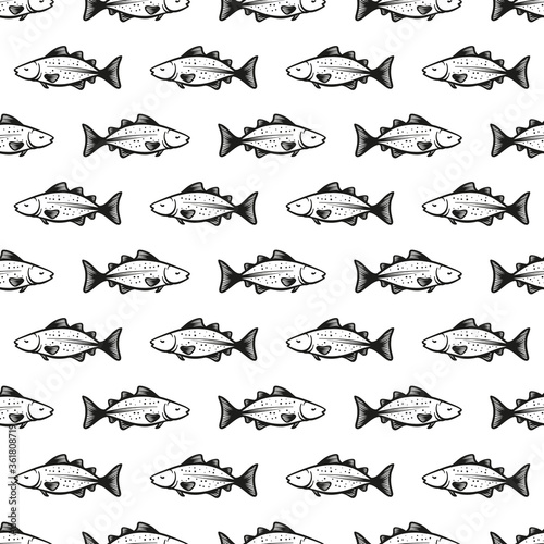 Cod Fish Vector Seamless pattern. Hand Drawn Doodle Sketch Codfish. Seafood Background 