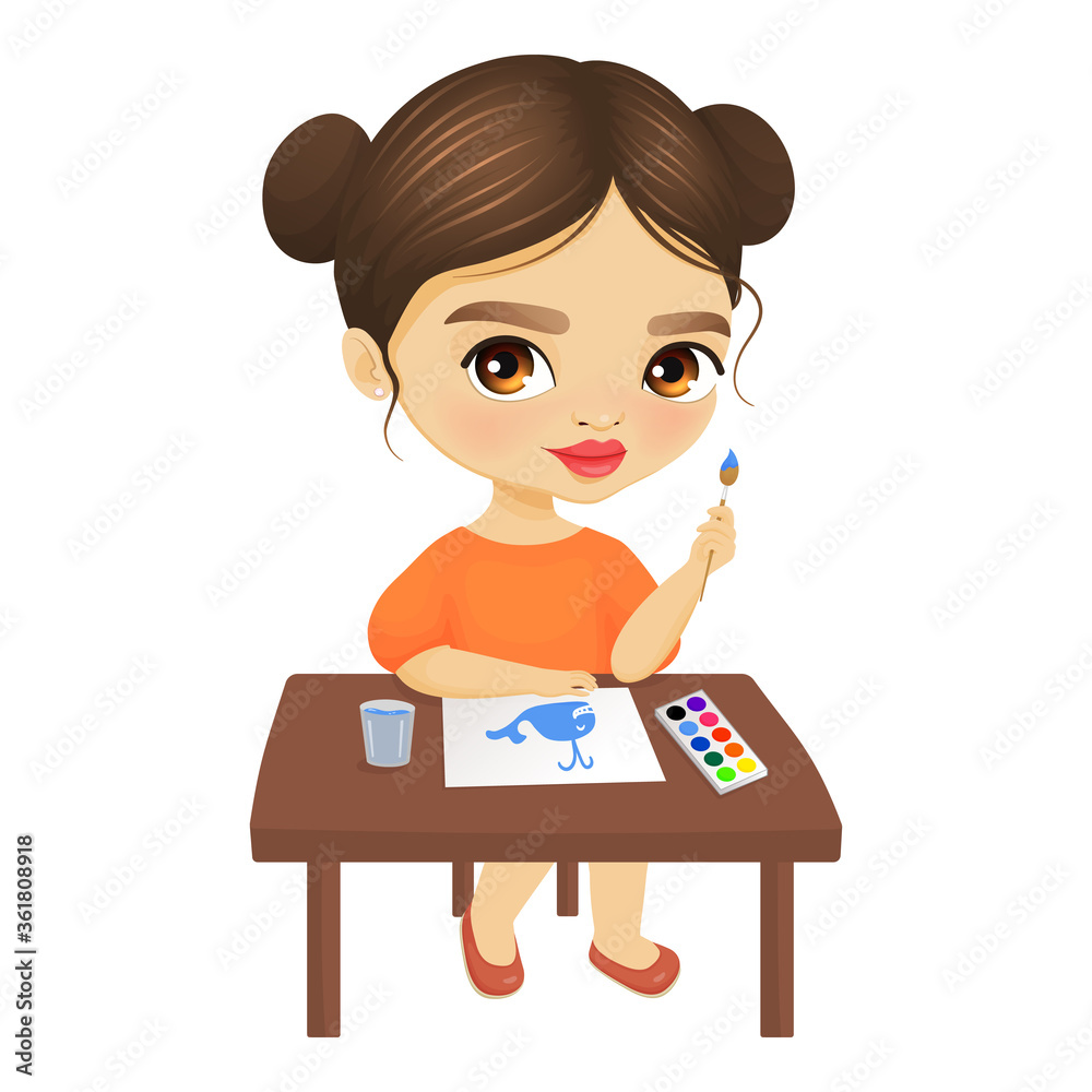 Cute cartoon girl sitting at a table and paints
