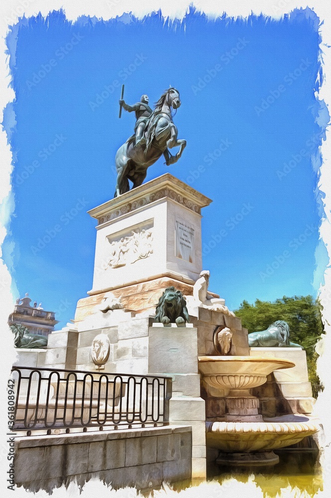 Fototapeta premium Madrid. Equestrian sculpture of king of Spain Philip II. Imitation of oil painting. Illustration