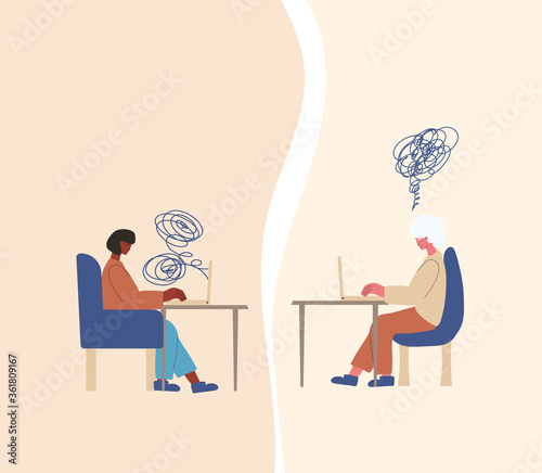 Psychological help online. Counseling concept. Internet therapy session with stressed patient. Psychiatrist and client talking about feeling.  Couch listening sad woman. Vecotor illustration.