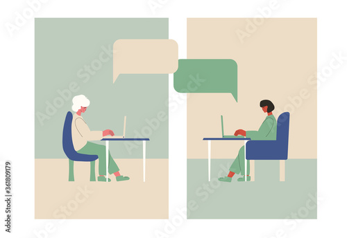 Online stress therapy scene. Color vector flat.