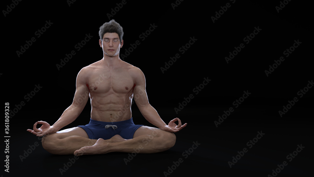 3D Rendering : A mesomorph man meditating on the ground floor. A muscular man is sitting and practicing yoga in silence.