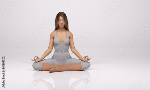 3D Rendering : A woman meditating on the ground floor. A woman is sitting and practicing yoga in silence.