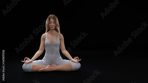 3D Rendering : A woman meditating on the ground floor. A woman is sitting and practicing yoga in silence.