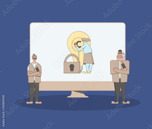 Online privacy. Intellectual property rights. Vectror character with creaive new idea symbol.
