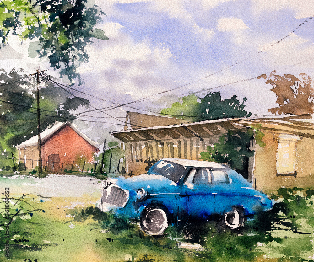 Watercolor Painting - Car at Countryside