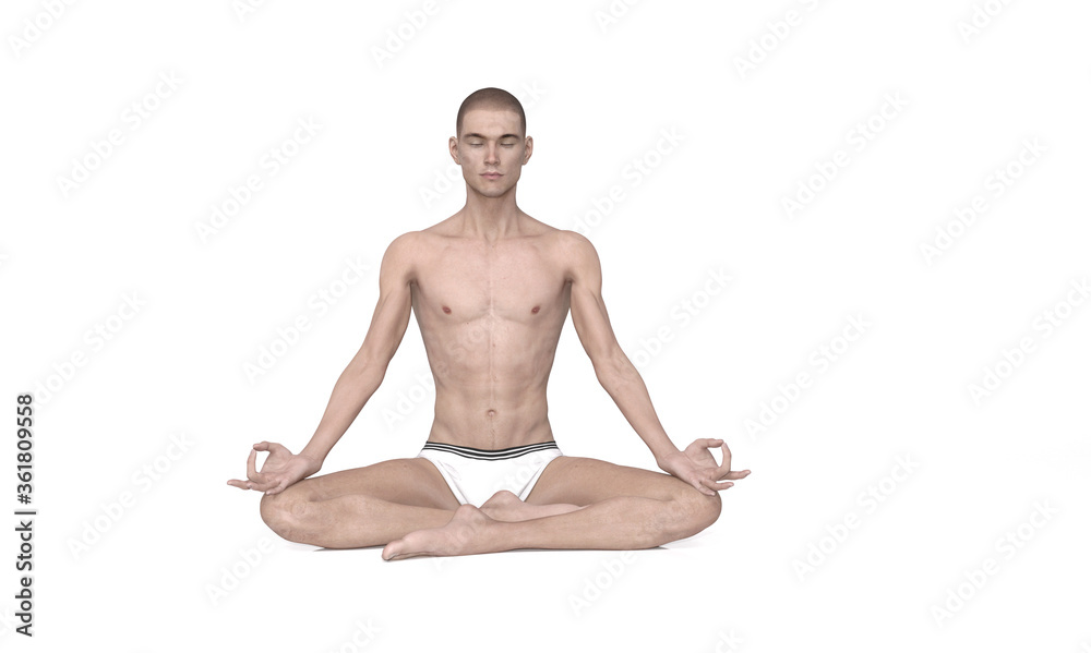 3D Rendering : An ectomorph man meditating on the ground floor. A skinny man is sitting and practicing yoga in silence.
