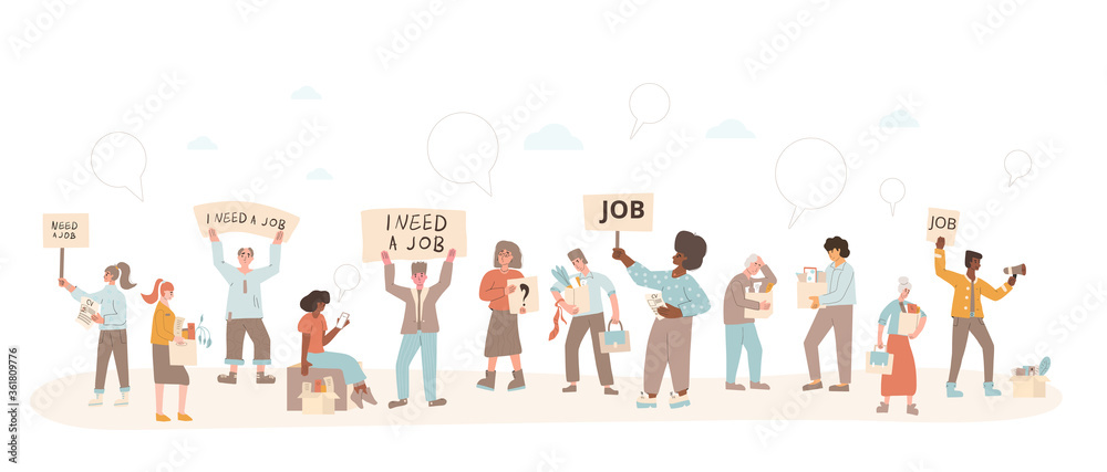 Fototapeta premium Protests against dismissal. Fired people vector flat.