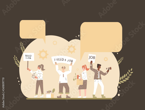 Protests against dismissal. Unemployed people vector  flat.